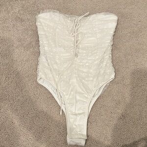Princess Polly White Ruched Bodysuit with lace overlay